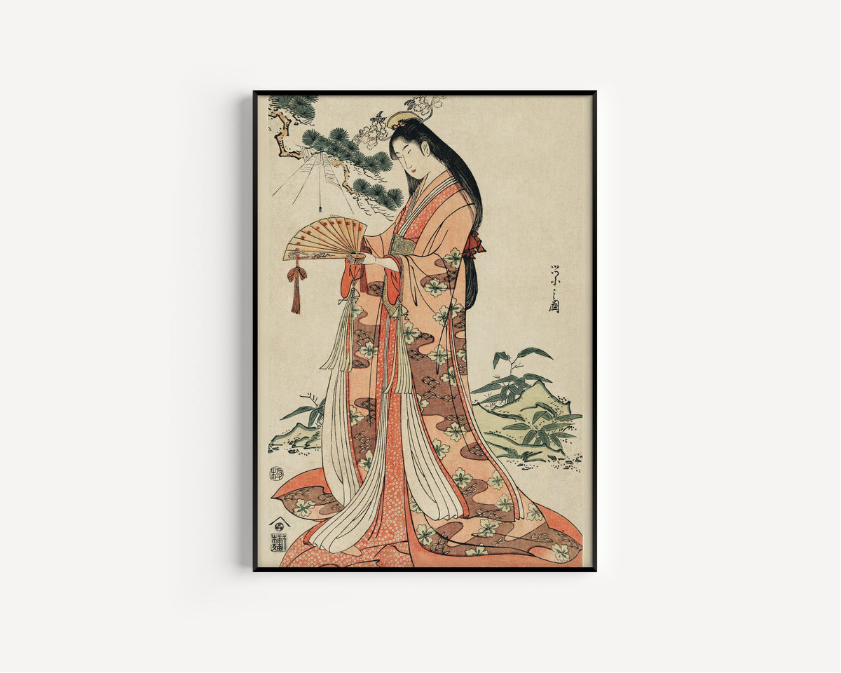 Sotoori Hime by Hosoda Eishi — in a slim black frame on a plain white wall