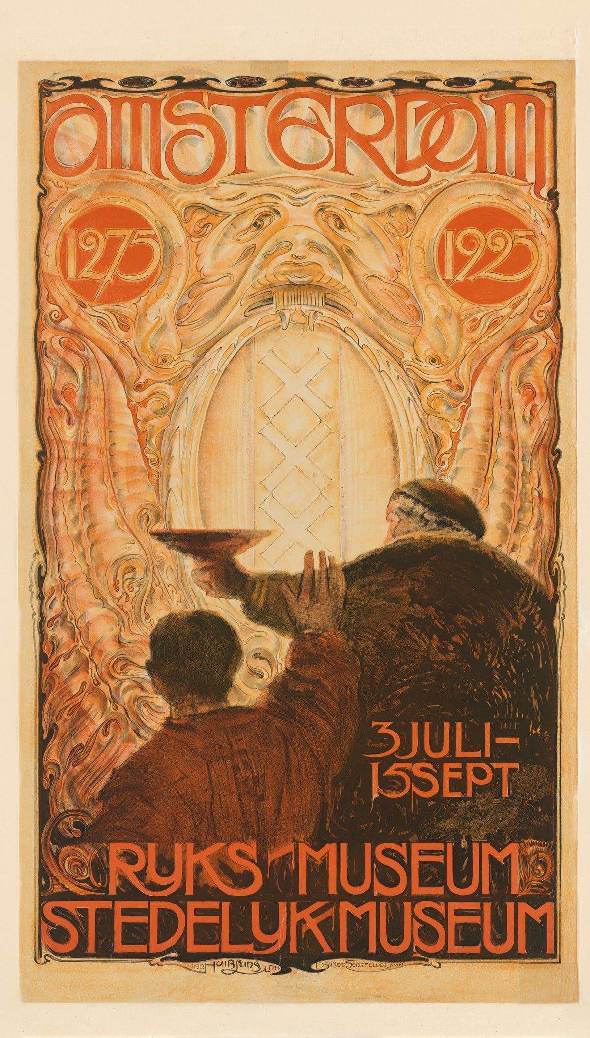 Affiche voor de tentoonstelling Amsterdam 1275-1925 [Poster for the exhibition Amsterdam 1275-1925] by Huib Luns — Two figures raise a bowl toward a shield in