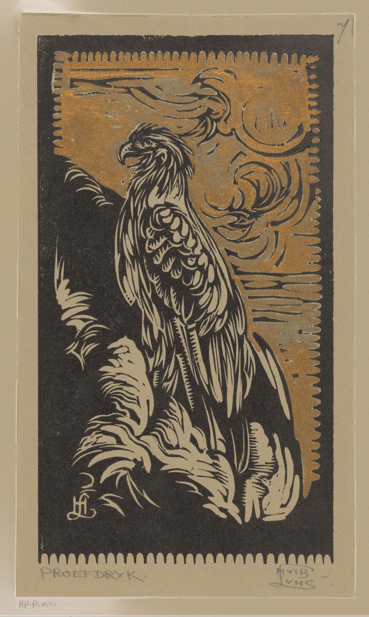 Arend [Eagle] by Huib Luns — A perched eagle rendered in black, gold and grey woodcut