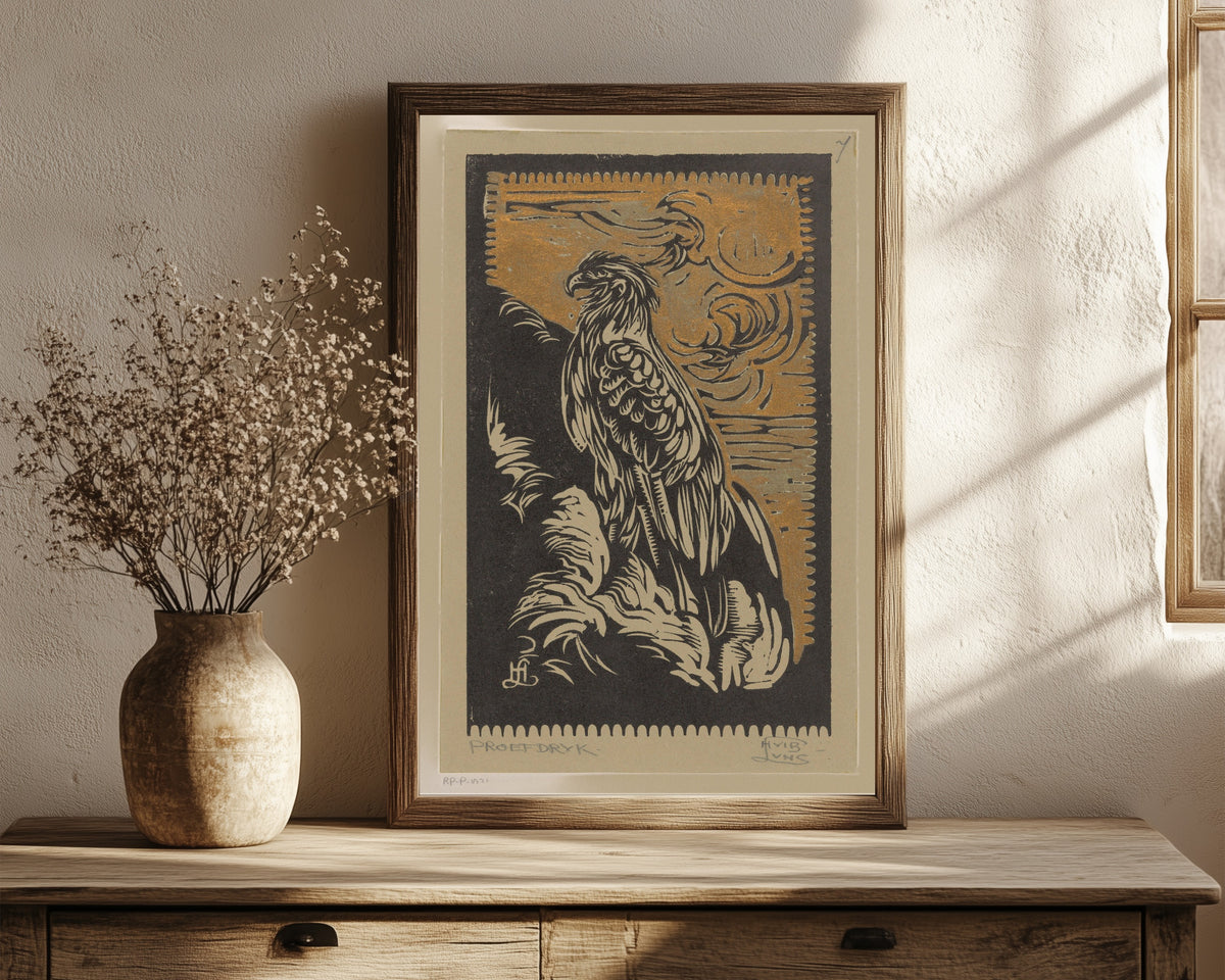 Framed art print of Arend [Eagle] by Huib Luns, in a dark wood frame leaning on a rustic console beside dried flowers