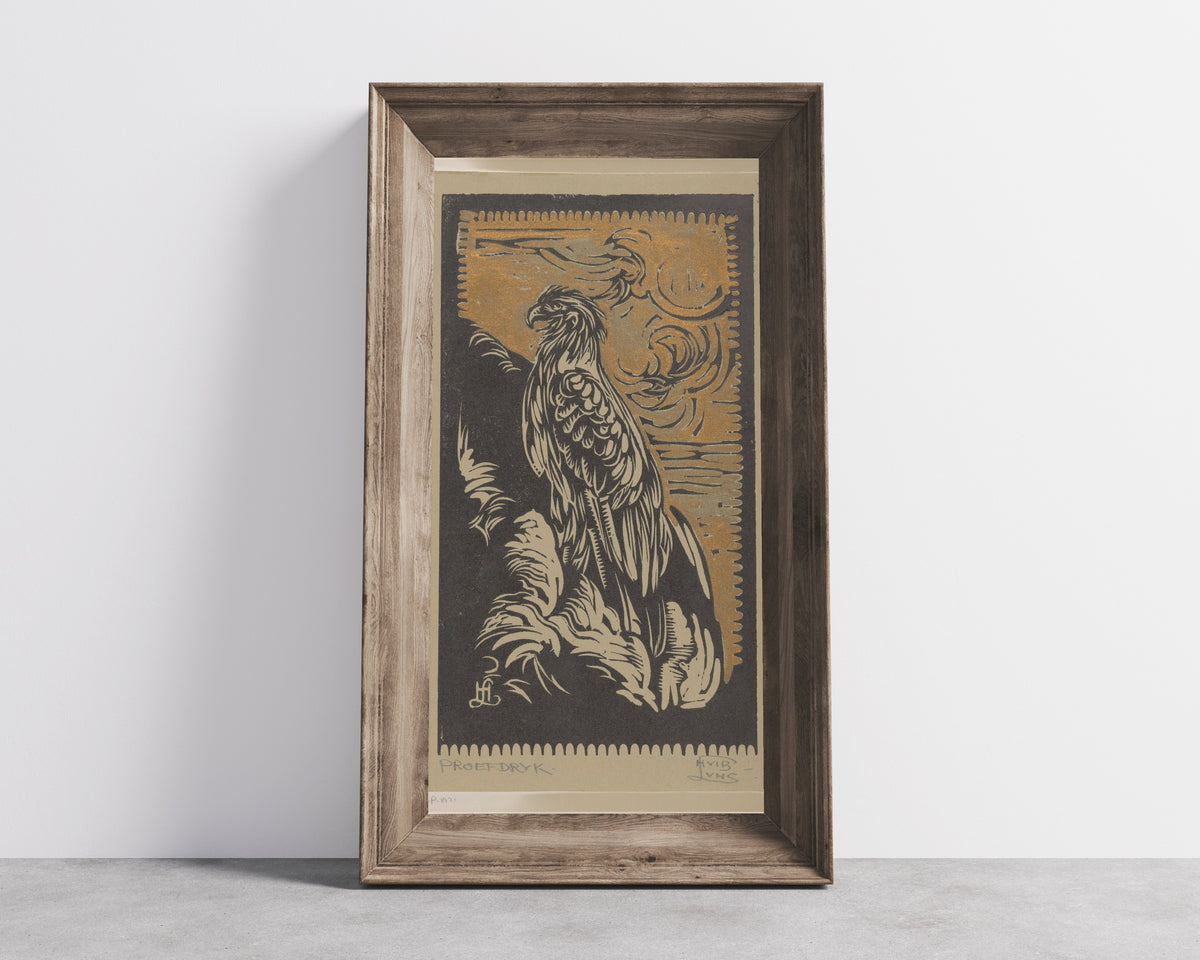 Arend [Eagle] by Huib Luns — in a wide wooden frame leaning against a concrete wall