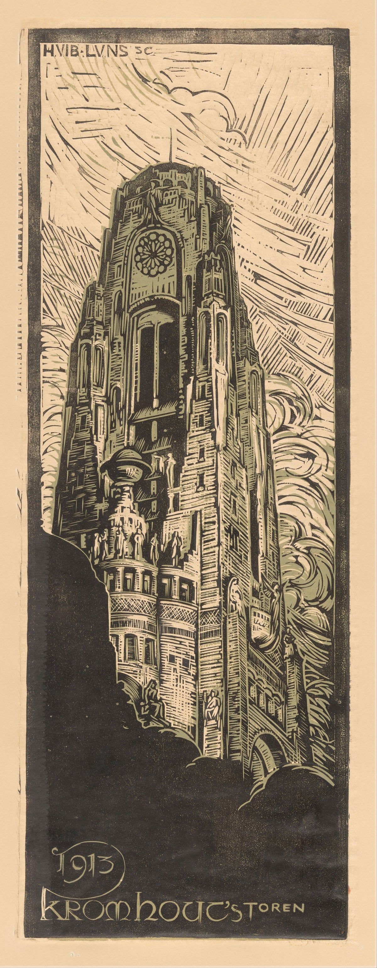 Raadhuistoren [Town hall tower] by Huib Luns — A soaring Gothic tower with a rose window cuts through a swirl of sky