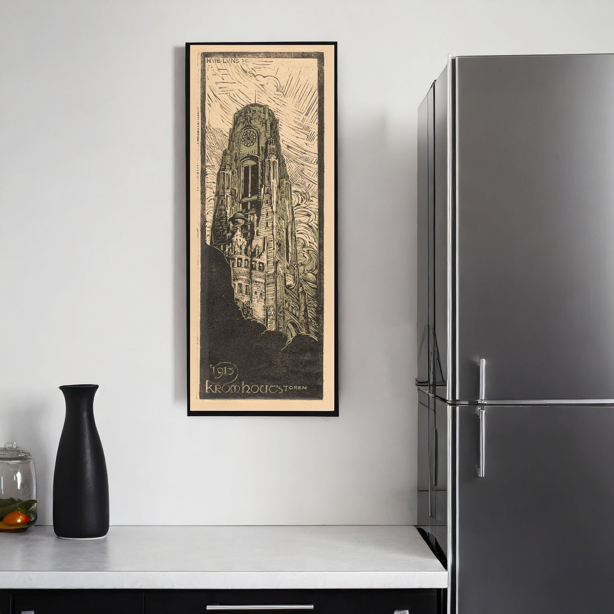 Raadhuistoren [Town hall tower] by Huib Luns — framed on a kitchen wall