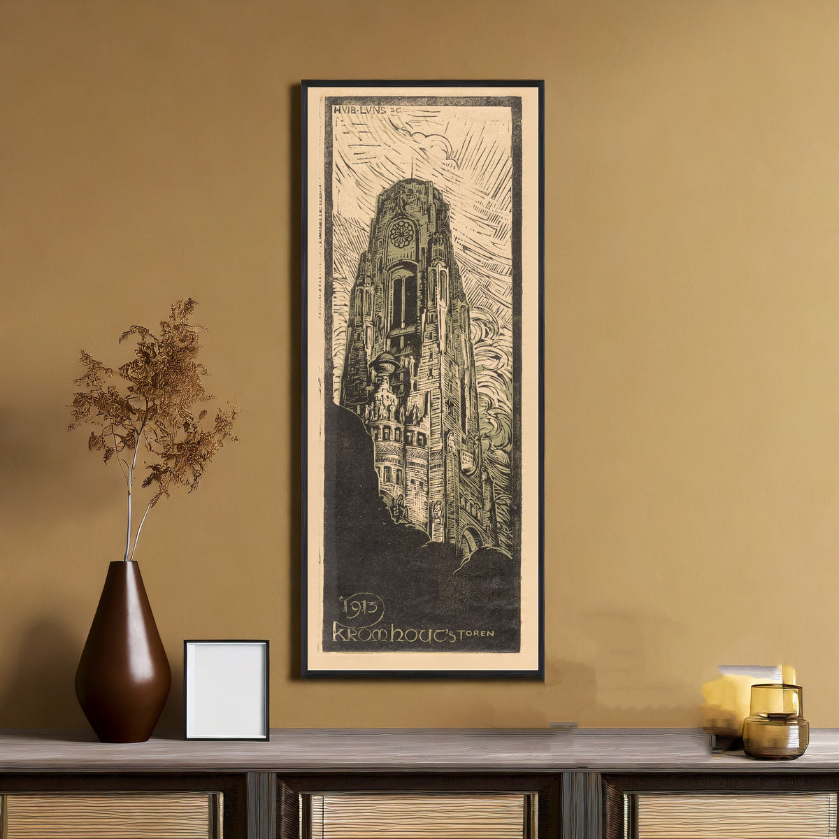 Raadhuistoren [Town hall tower] by Huib Luns — framed on an ochre wall above a console table