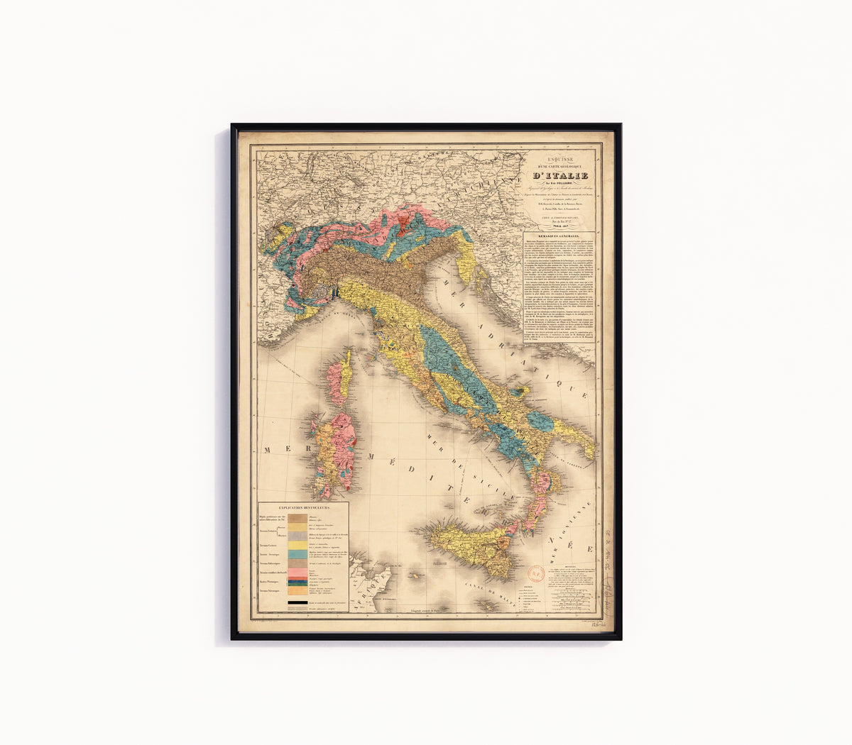 Framed art print of Esquisse d'une carte géologique d'Italie by Hyacinthe de Collegno, in a slim black frame on a plain white wall