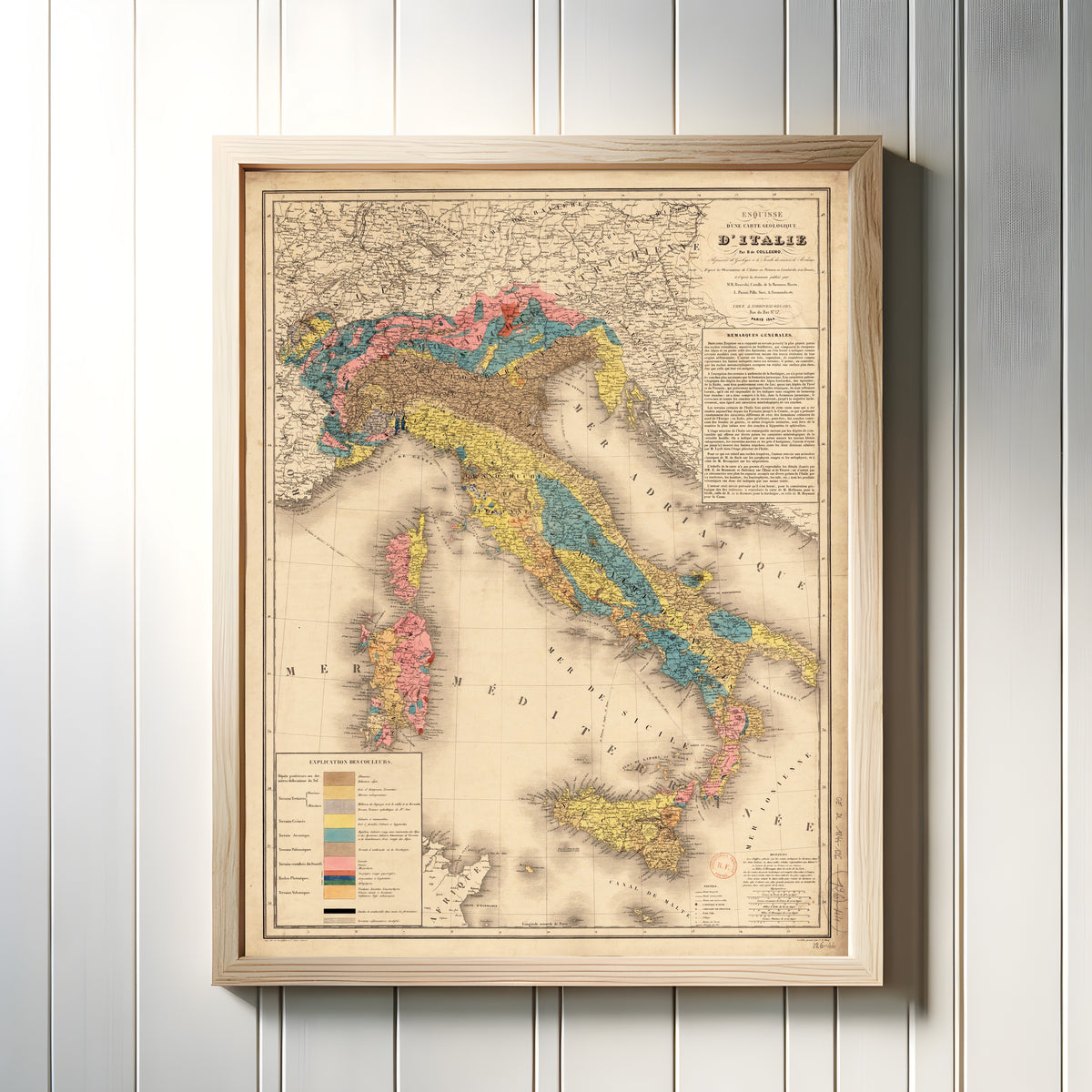 Framed art print of Esquisse d'une carte géologique d'Italie by Hyacinthe de Collegno, in a light wood frame on a white panelled wall
