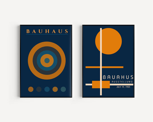 Set of 2 Bauhaus Navy Blue Orange Posters Mid-Century Modern