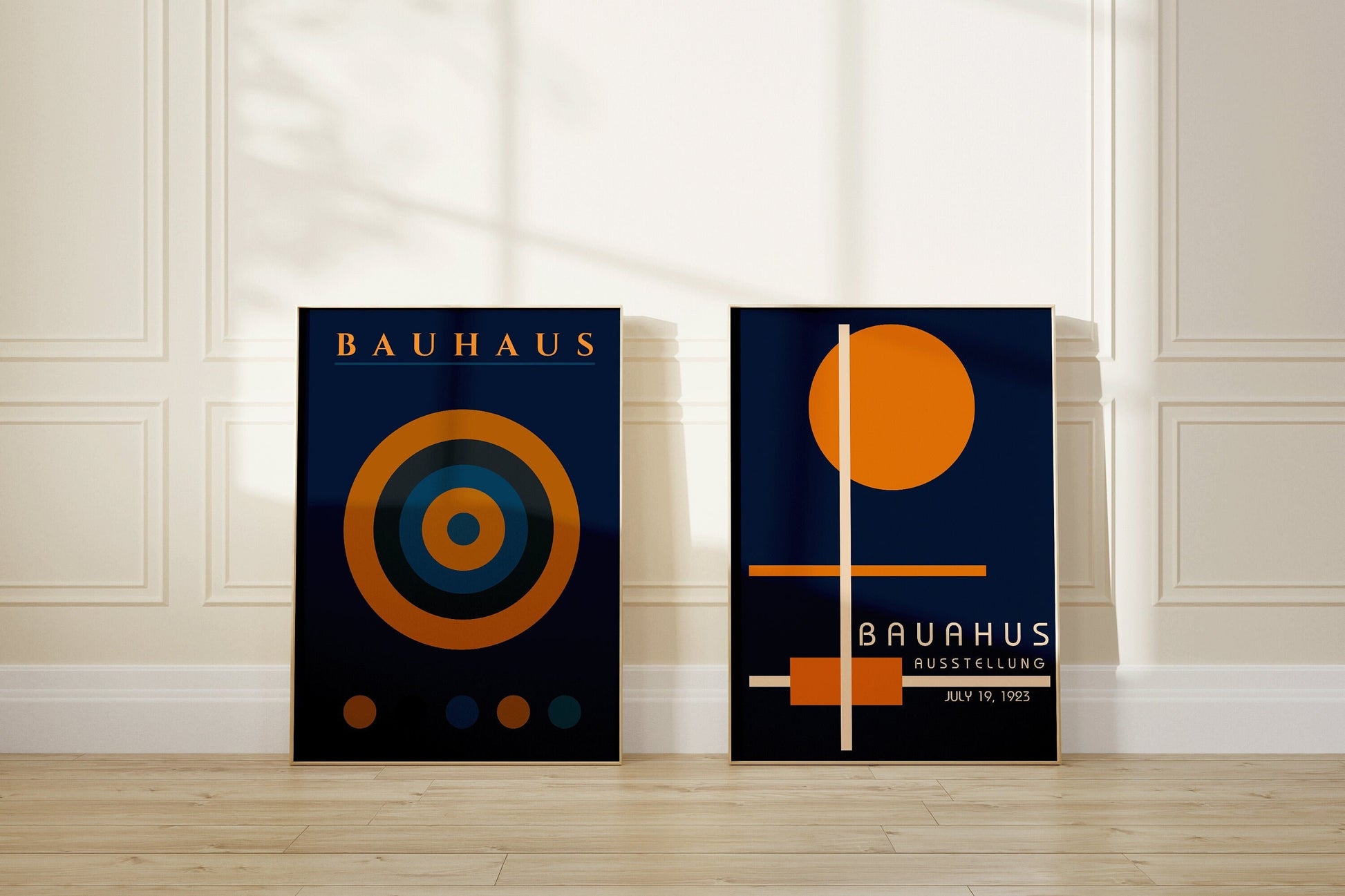 Set of 2 Bauhaus Navy Blue Orange Posters Mid-Century Modern