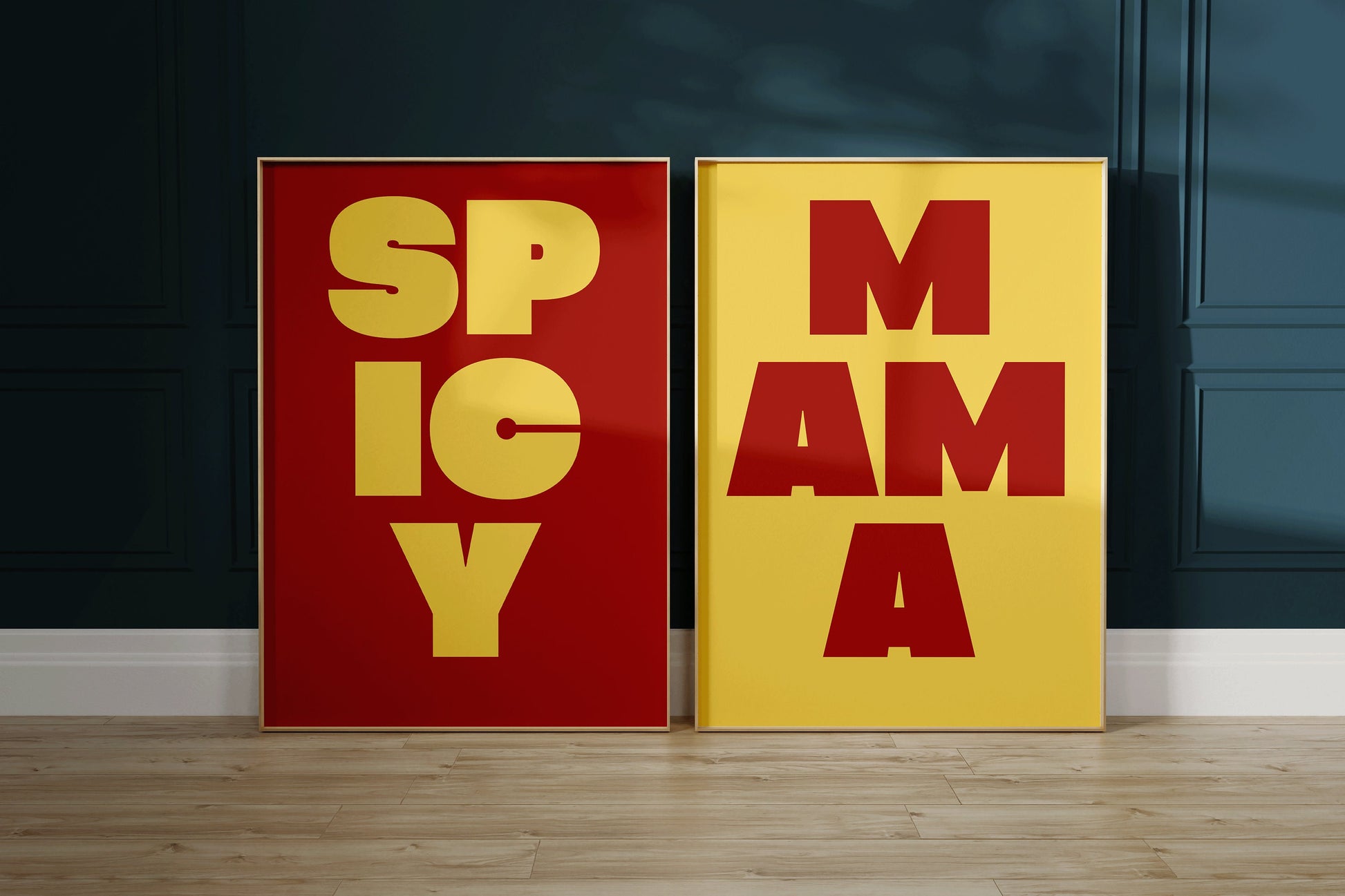 Set of 2 Typography Poster SPICY MAMA Kitchen Poster Graphic Design Print Art Home Decor Minimalist Framed Ready to Hang Red and Yellow Gift