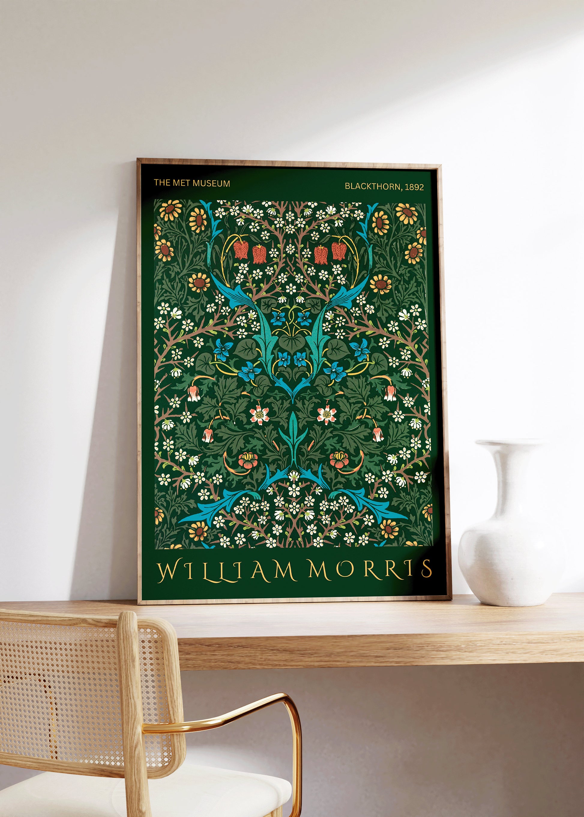 Framed William Morris Poster Green Gold Museum Art Print Nouveau Blackthorne Pattern Flower Market Framed Ready to Hang Home office Decor