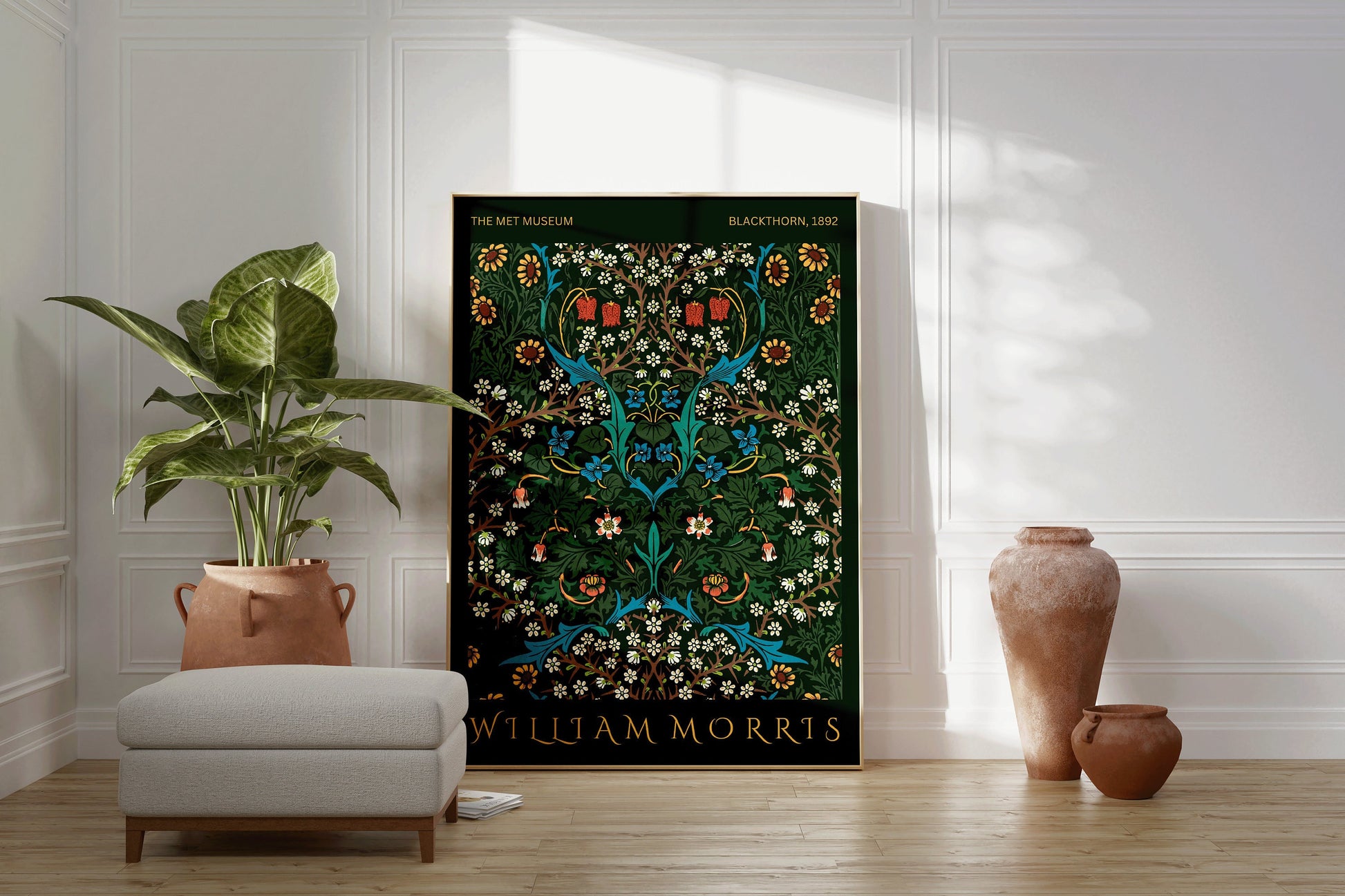 Framed William Morris Poster Green Gold Museum Art Print Nouveau Blackthorne Pattern Flower Market Framed Ready to Hang Home office Decor