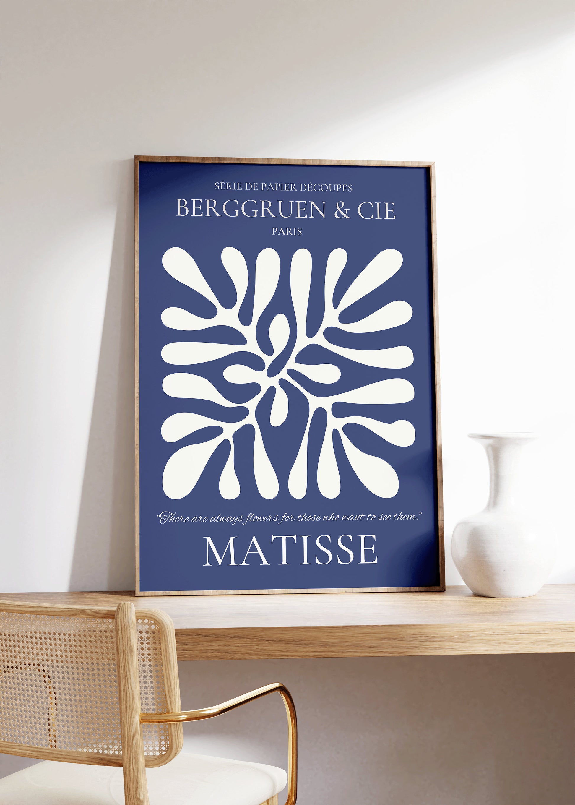 Framed Henri Matisse Leaf Poster Berggruen Cie Exhibition Museum Abstract Art Mid Century Modern Blue and Cream Print Ready to hang Decor