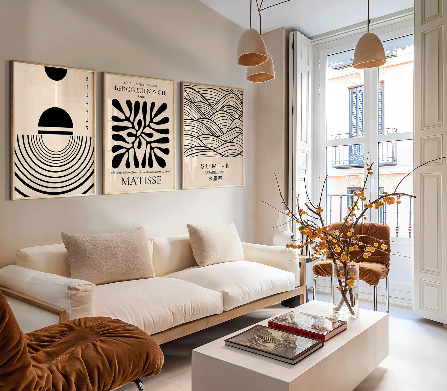 Matisse Bauhaus Set of 3 poster prints Japanese Ink Sumi-E Abstract Modern Art Print Vintage Abstract Above Bed Framed Wall Art Beige Shape Copy