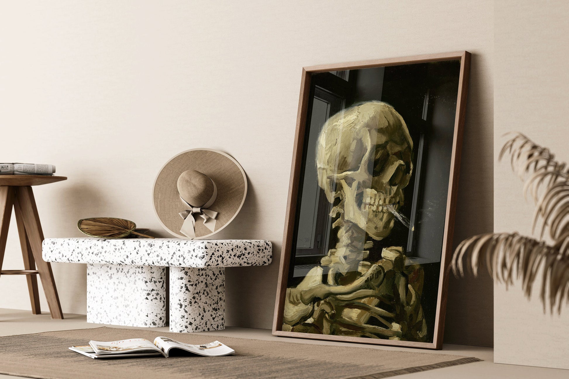 Framed Van Gogh Skeleton with Burning Cigarette