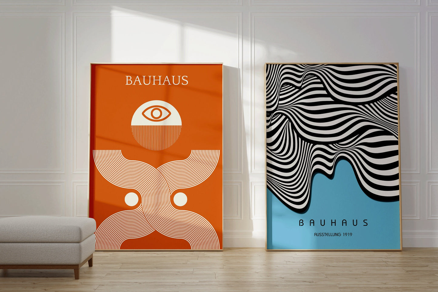Set of 2 Bauhaus Blue Orange Poster Mid-Century Modern Art Print 60s Vintage Minimalist Color Shape Abstract Ready to hang Home Decor Framed