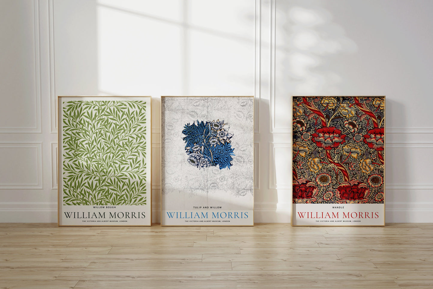 Set of 3 William Morris Prints GREEN BLUE RED Museum Exhibition Art Nouveau Flower Pattern Flower Ready to hang Framed Home Office Decor