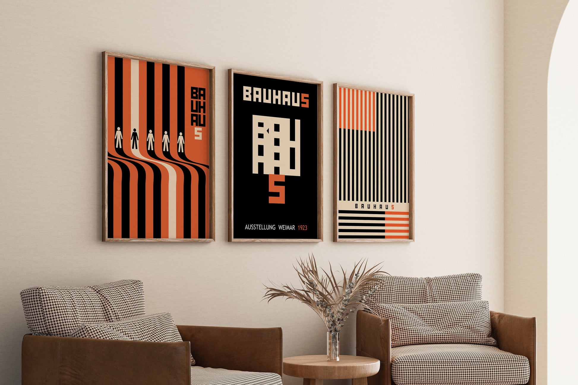 Set of 3 Bauhaus Black Orange Posters Mid-Century Museum Modern Art Print 60s Vintage Minimalist Framed Ready to Hang Home Office Decor Gift