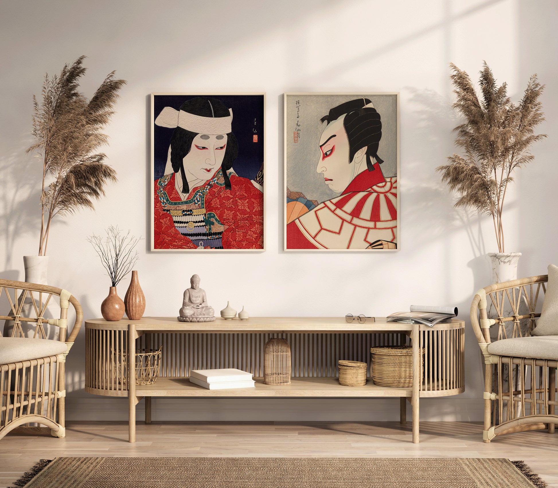 Natori Shunsen Set of 2 Japanese Print Kabuki Red Poster Shin Hanga Ukiyoe Unique Gift Idea Framed Ready to Hang Home Office Decor Gift Idea