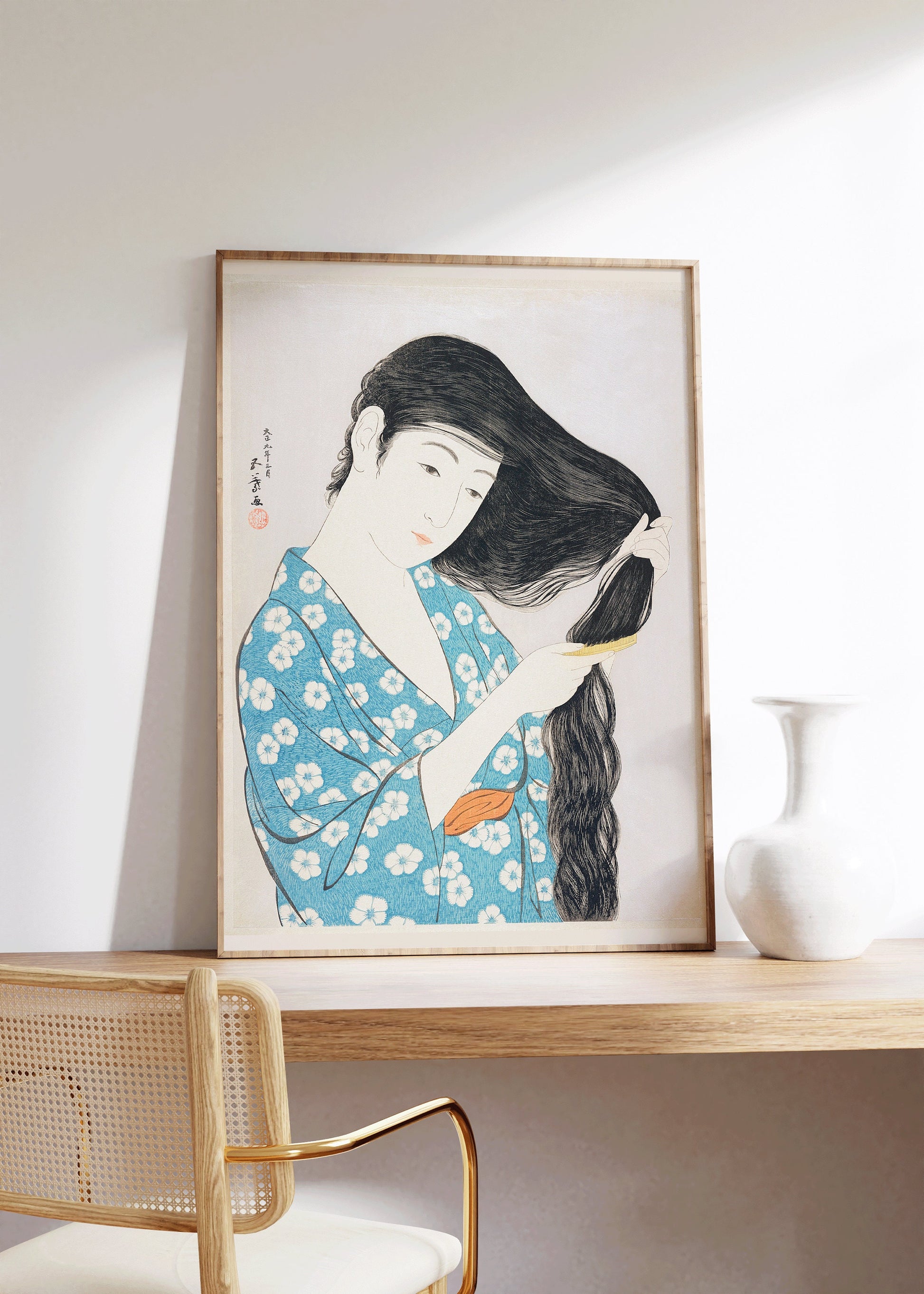 Framed Hashiguchi Woman Combing Her Hair Woodblock Art Shin Hanga Gallery Set Ukiyo-e Framed Ready to Hang Home Office Asian Decor Gift Idea