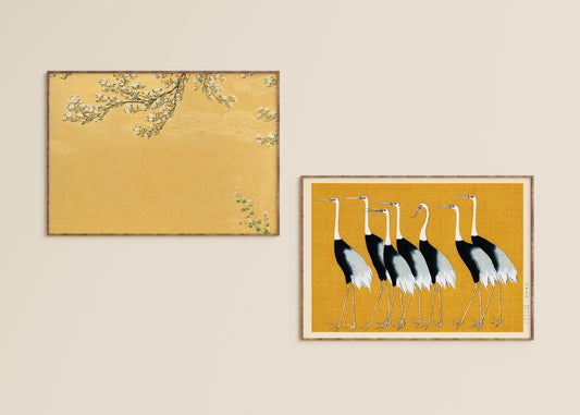 Set of 2 Yellow Japanese Prints - Hasagawa School Ogata Korin Cranes