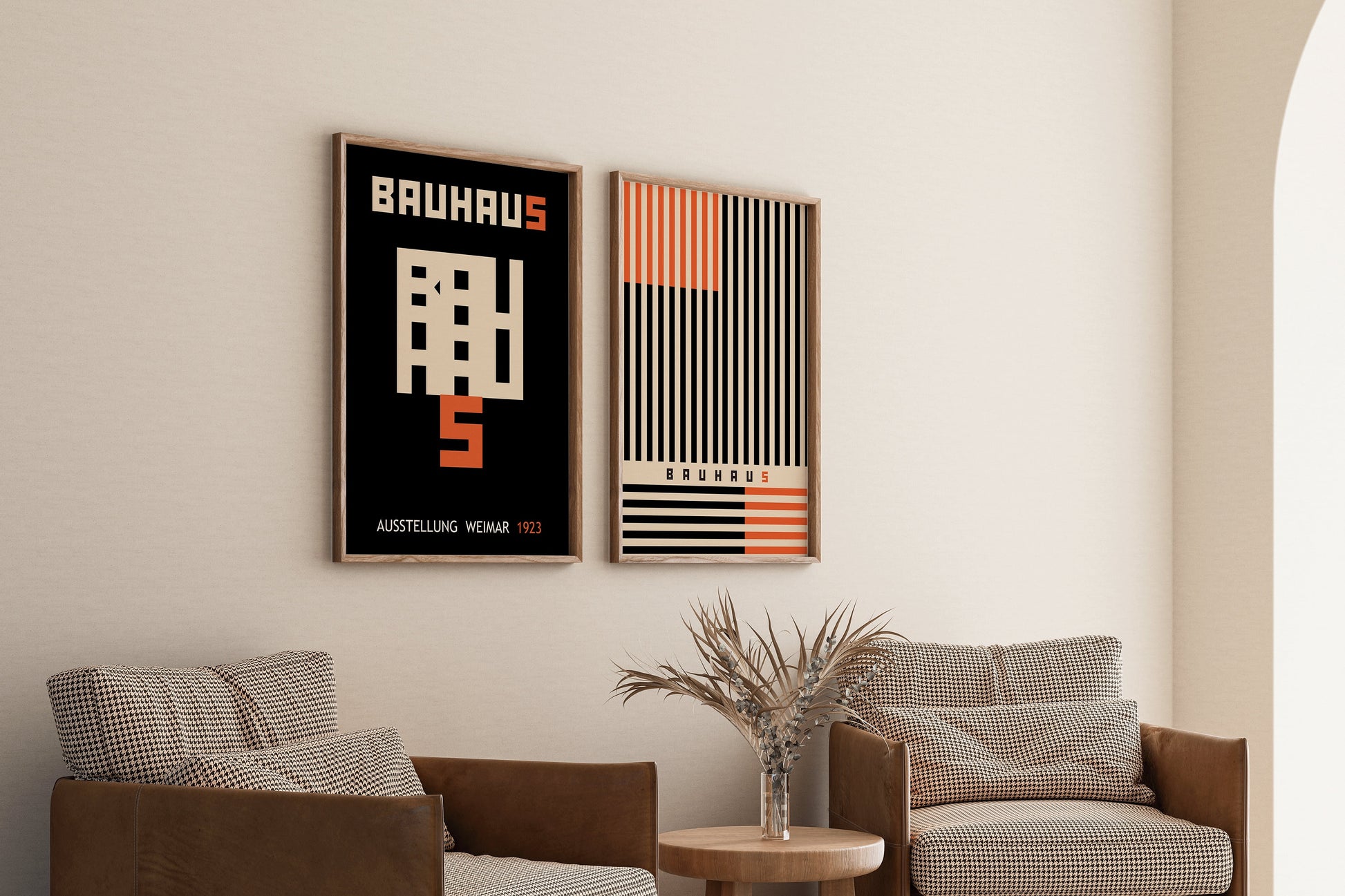 Set of 2 Orange Black Bauhaus Posters Mid-Century Museum Modern Art Print 60s Vintage Minimalist Framed Ready to Hang Home Office Decor Gift