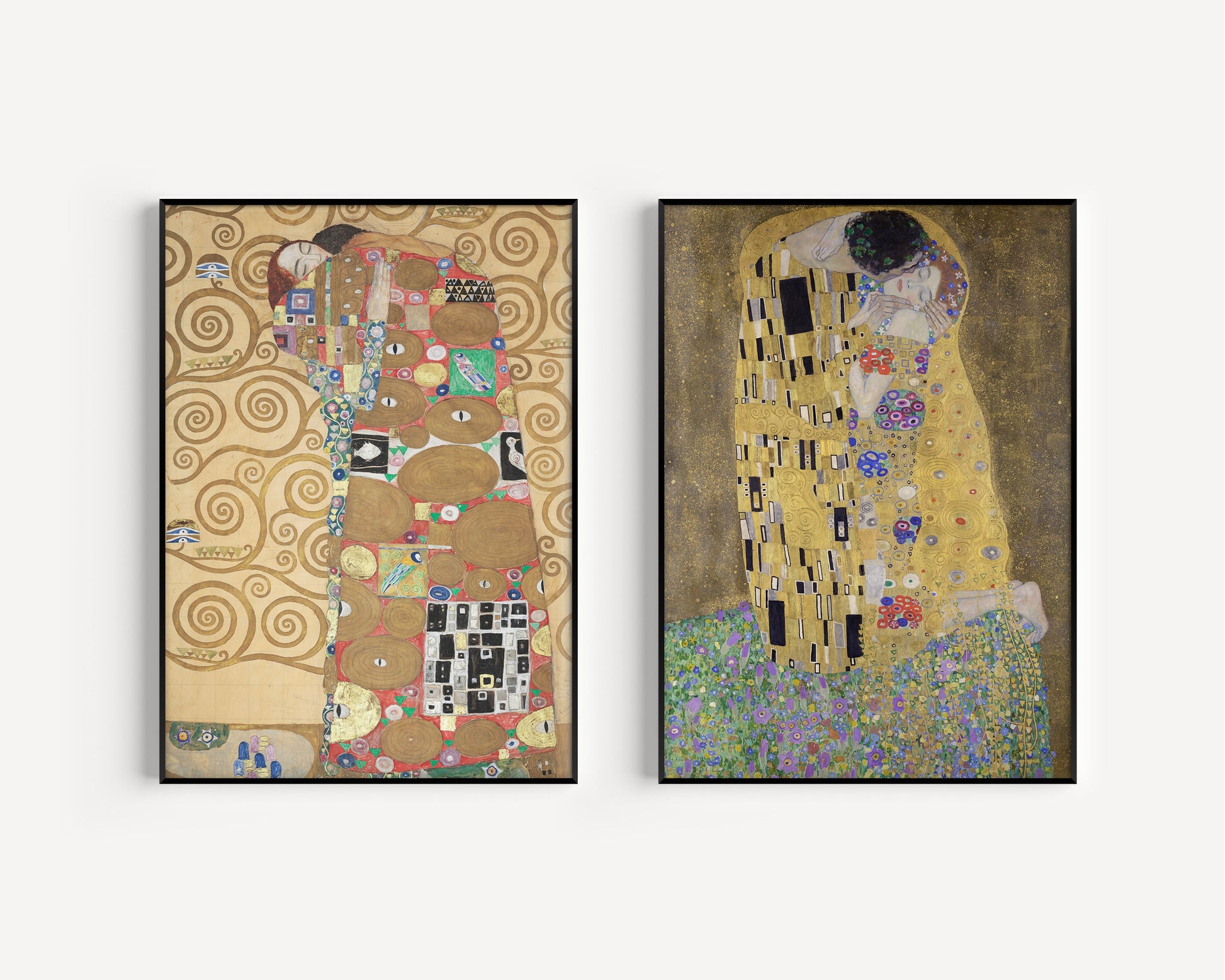 Gustav Klimt Set of 2 Prints The Embrace and The Kiss Iconic Art Museum Famous Painting Framed Ready to Hang Home Office Poster Print Decor