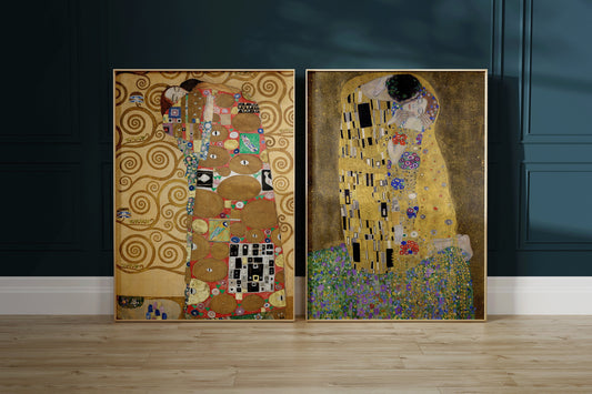 Gustav Klimt Set of 2 Prints The Embrace and The Kiss Iconic Art Museum Famous Painting Framed Ready to Hang Home Office Poster Print Decor