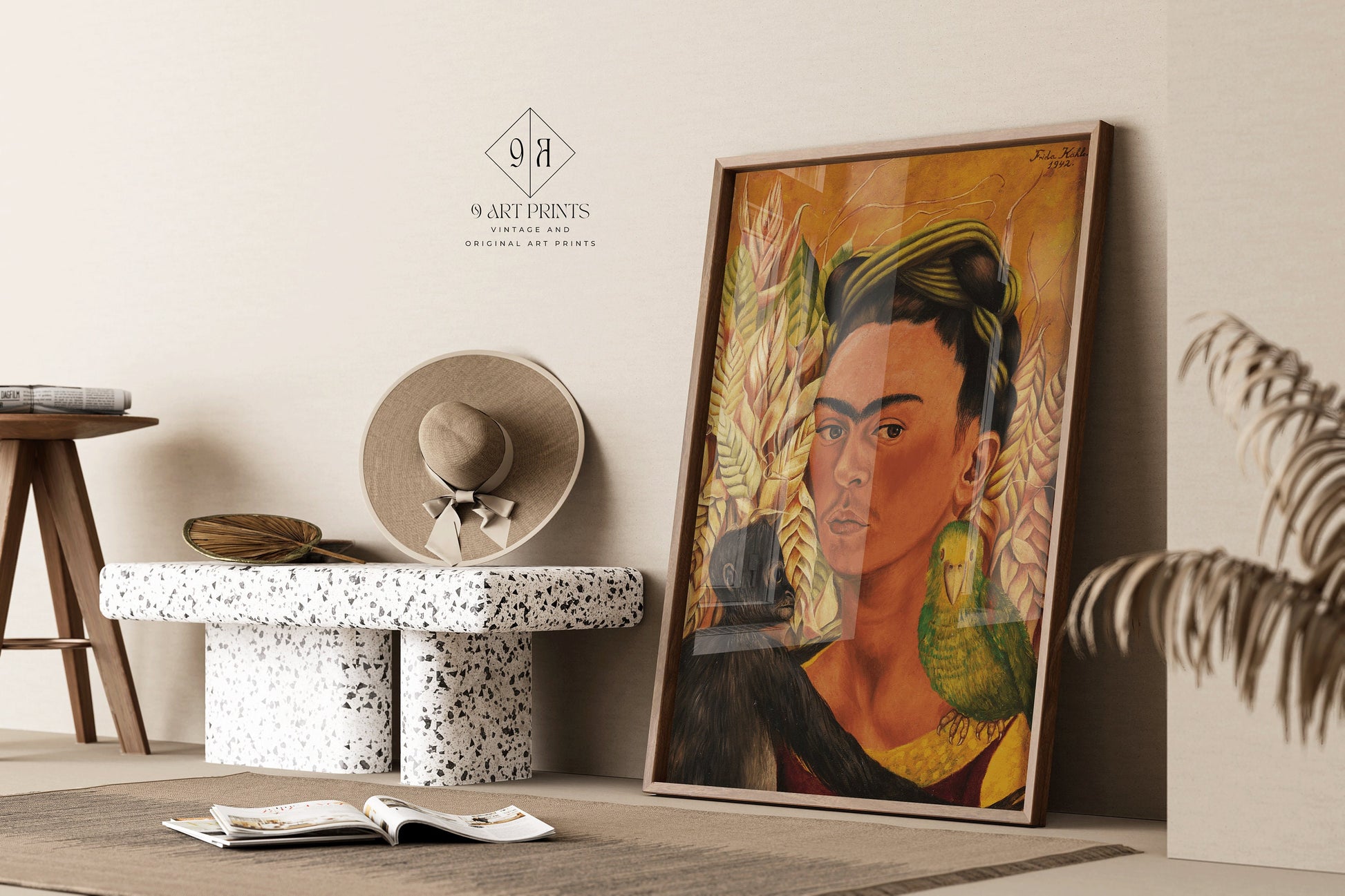 Frida Kahlo Self Portrait with Monkey Art Print Exhibition Poster Portrait Modern Gallery Framed Ready to Hang Home Office Decor Gift Idea