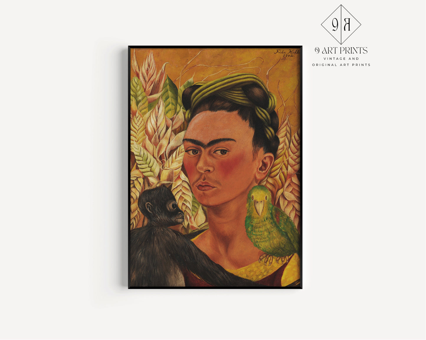 Frida Kahlo Self Portrait with Monkey Art Print Exhibition Poster Portrait Modern Gallery Framed Ready to Hang Home Office Decor Gift Idea