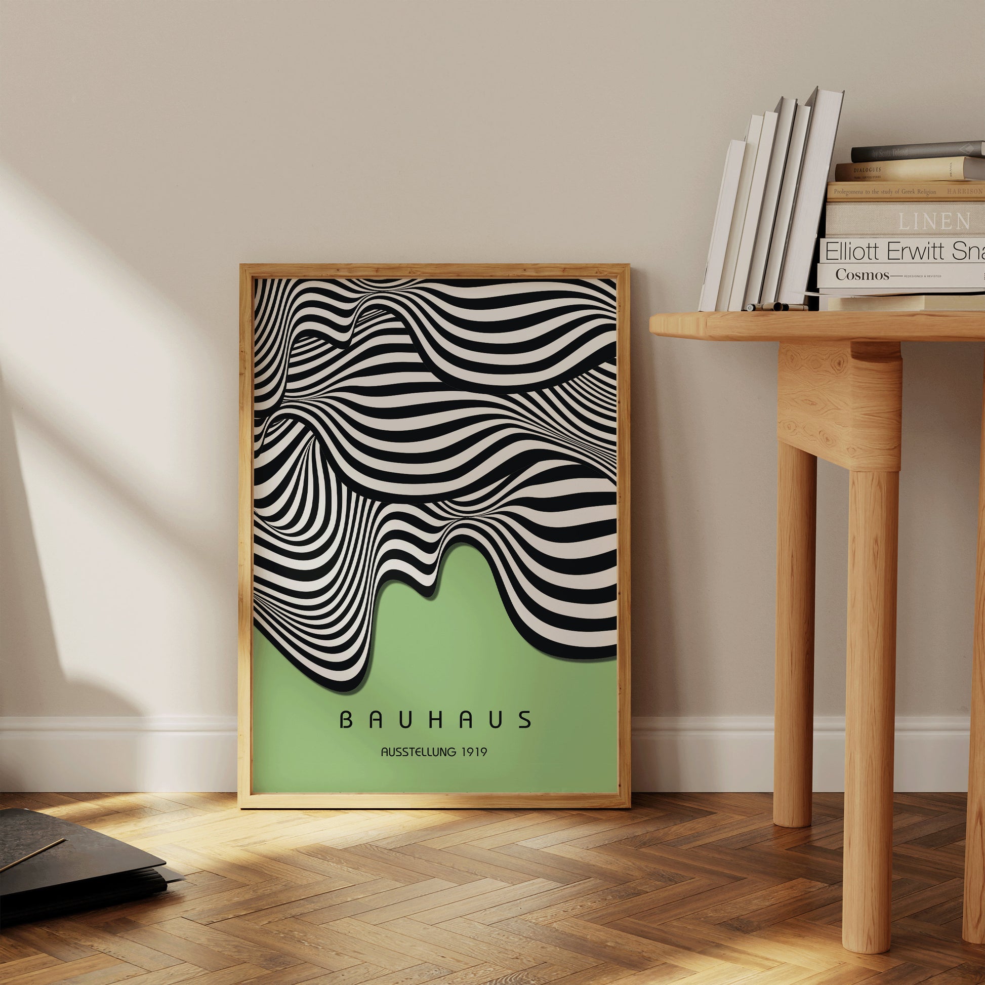 Framed Light Green Bauhaus Poster Wavy Lines Mid-Century Modern Art Print Vintage Minimalist Abstract Shapes Wall Art Abstract Gift Idea