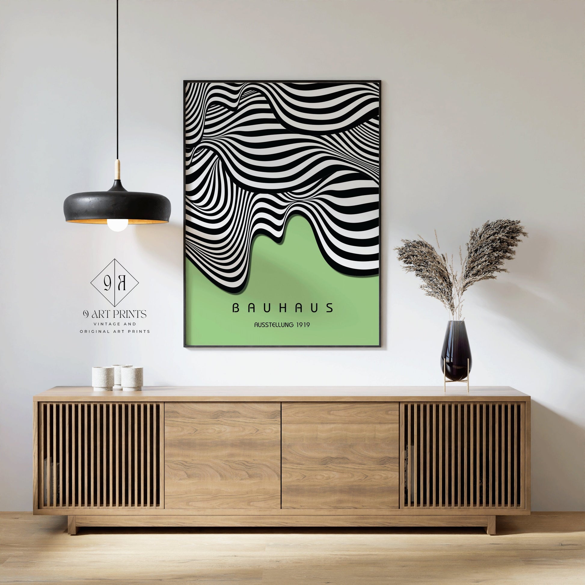 Framed Light Green Bauhaus Poster Wavy Lines Mid-Century Modern Art Print Vintage Minimalist Abstract Shapes Wall Art Abstract Gift Idea