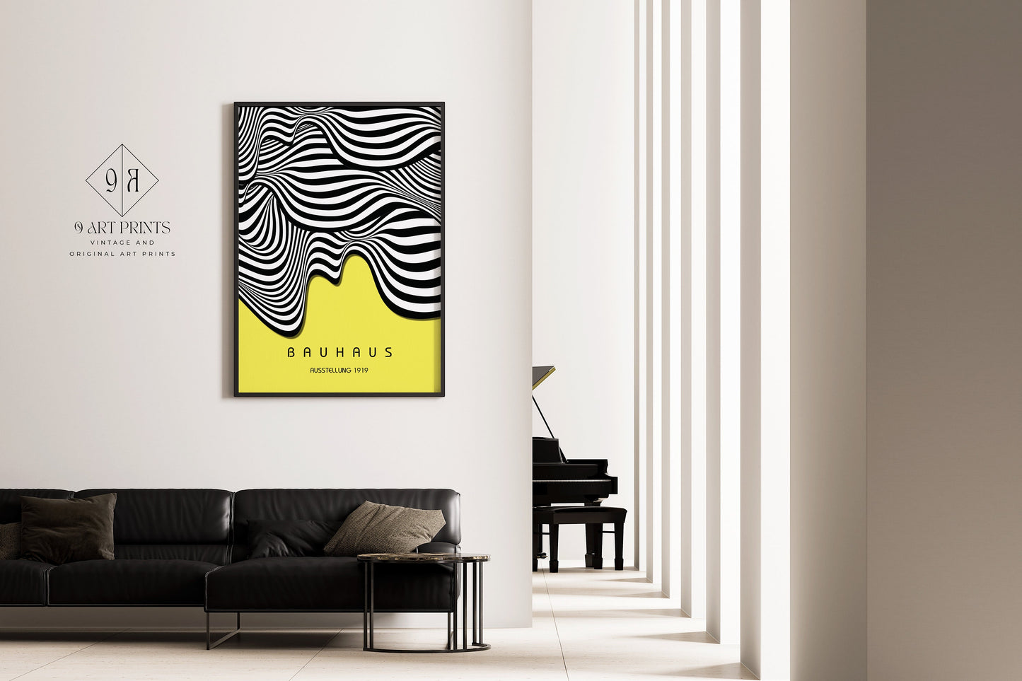 Framed Lemon Yellow Bauhaus Poster Wavy Lines Mid-Century Modern Art Print Vintage Minimalist Abstract Shapes Wall Art Abstract Gift Idea