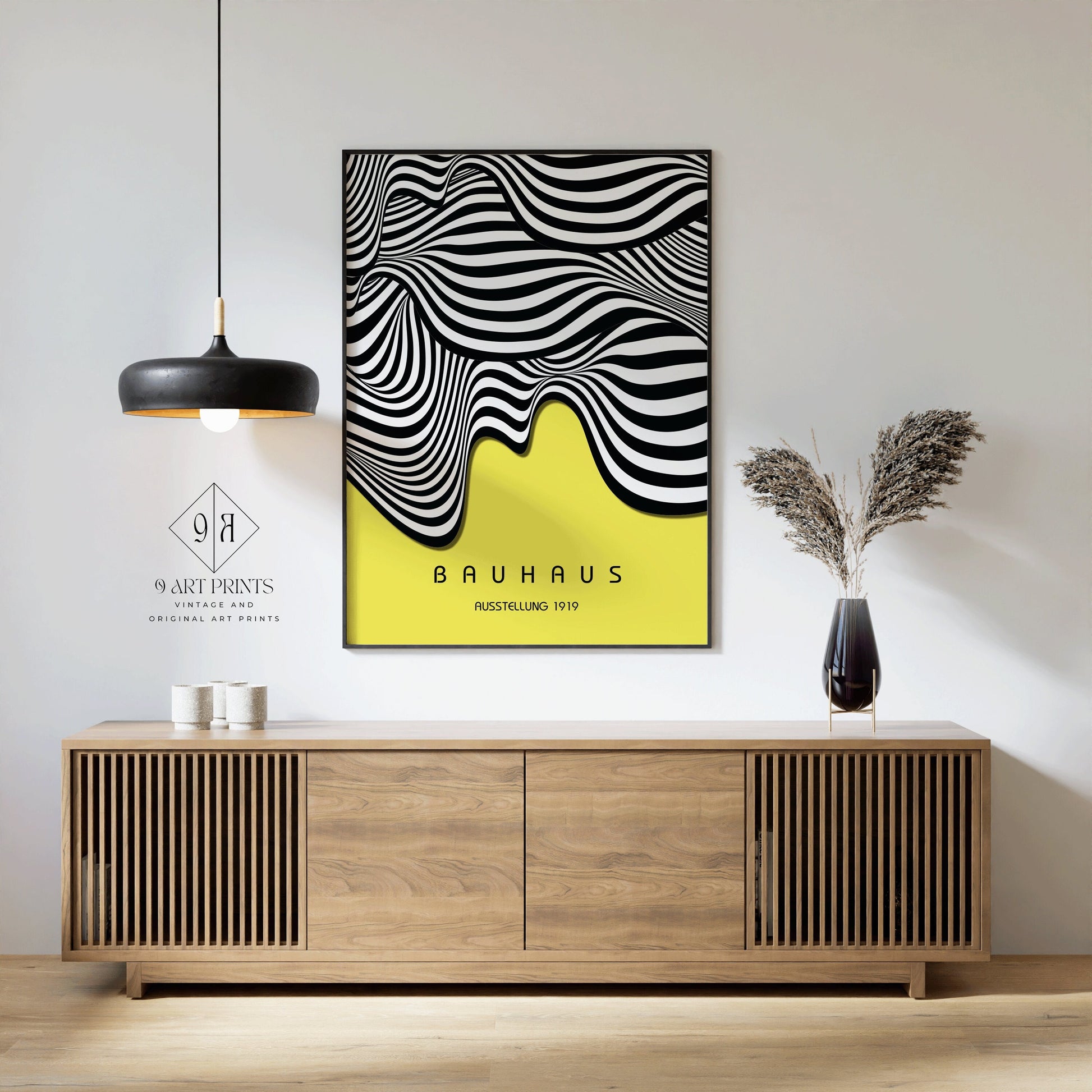 Framed Lemon Yellow Bauhaus Poster Wavy Lines Mid-Century Modern Art Print Vintage Minimalist Abstract Shapes Wall Art Abstract Gift Idea