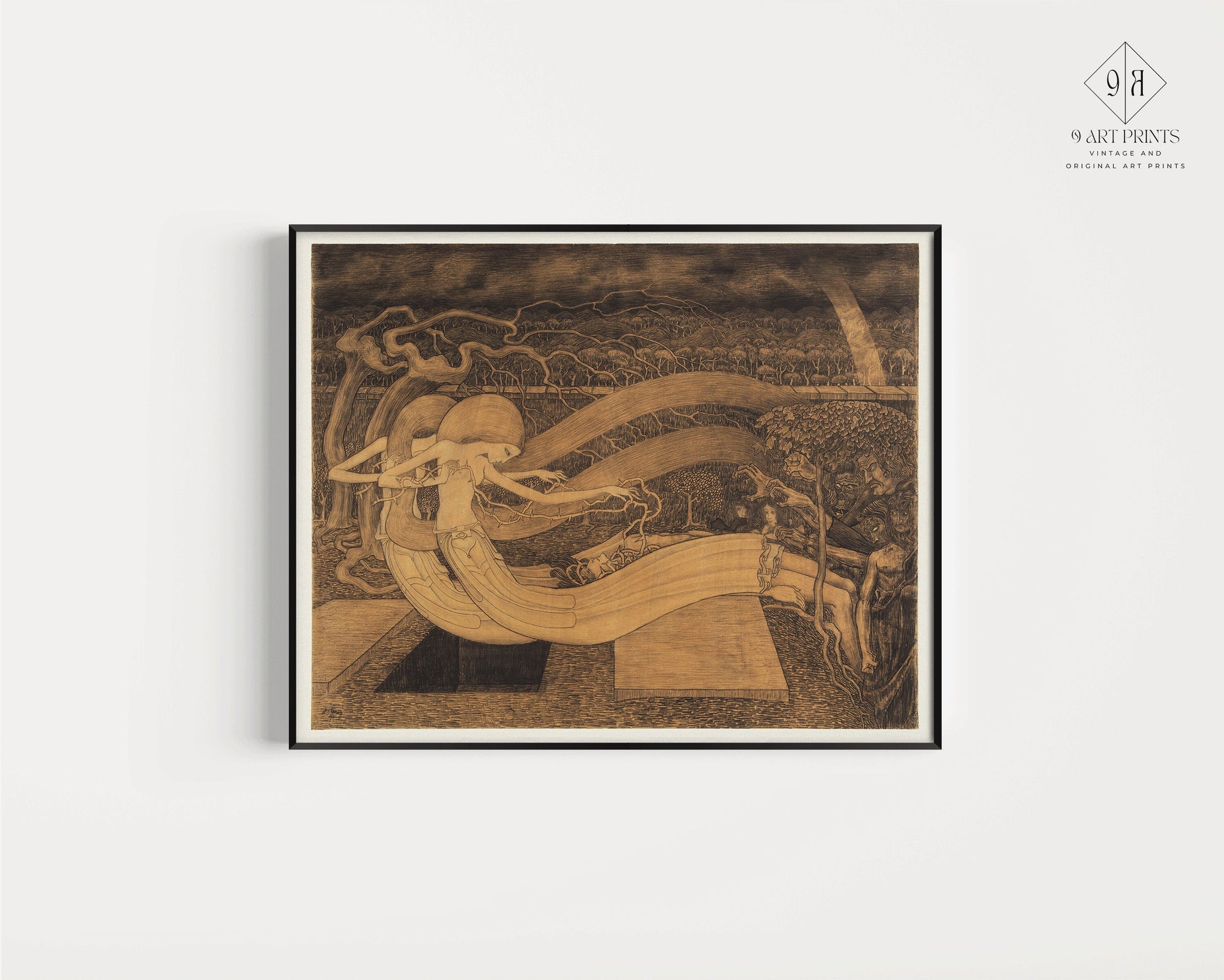 Jan Toorop O' Grave Halloween Theme Spooky Famous Painting Vintage Cafe Green Brown Framed Ready to Hang Home Office Decor Unique Gift Idea