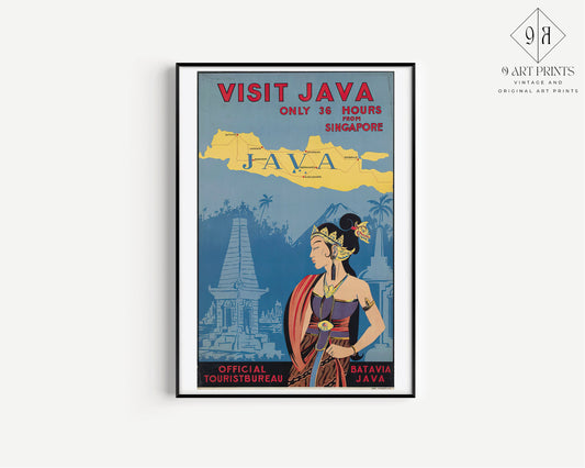 Framed Vintage Travel Poster Java Retro Art Print Exhibition Poster Portrait Modern Gallery Framed Ready to Hang Home Office Decor