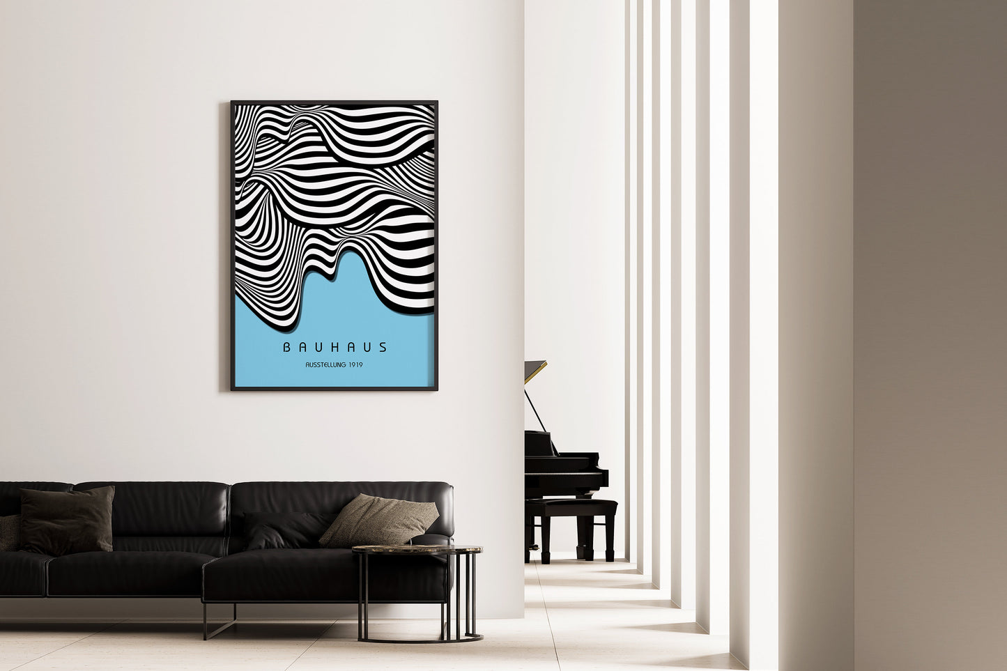 Framed Blue Bauhaus Poster Wavy Lines Mid-Century Modern Art Print Vintage Minimalist Abstract Blue Shapes Wall Art Abstract Gift Idea