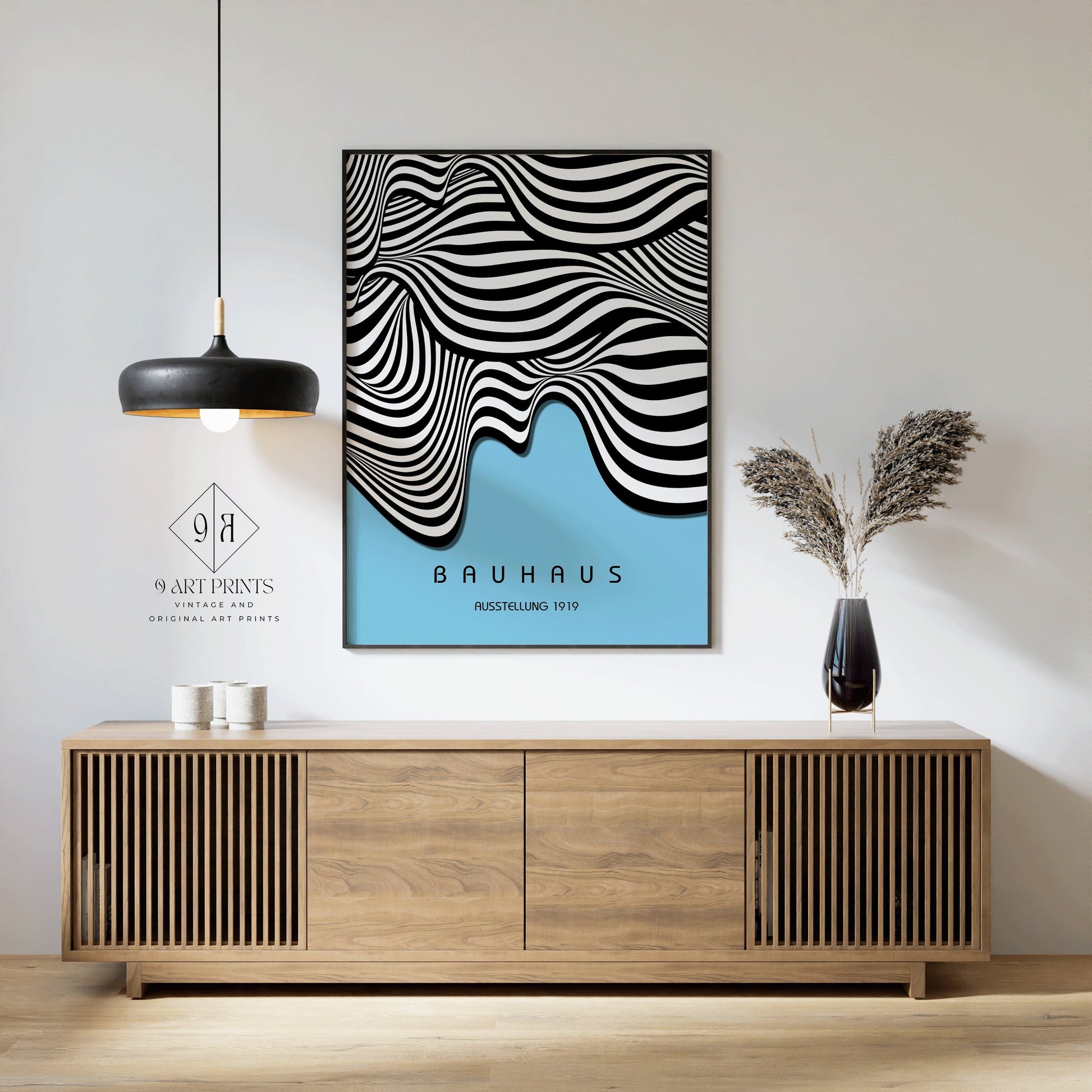 Framed Blue Bauhaus Poster Wavy Lines Mid-Century Modern Art Print Vintage Minimalist Abstract Blue Shapes Wall Art Abstract Gift Idea