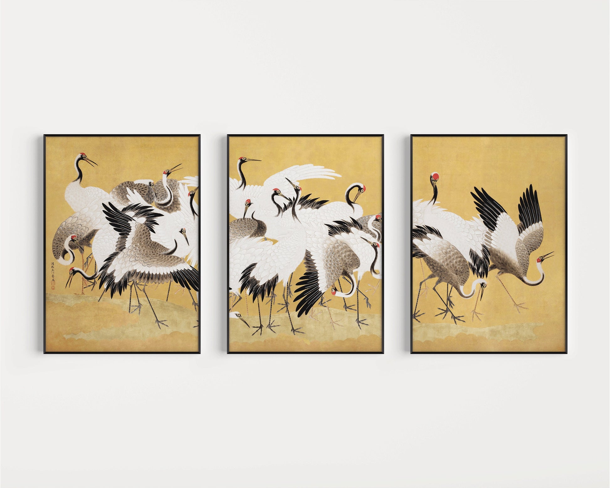 Framed Set of 3 Cranes Ishida Yūtei Woodblock Art Japanese Gallery Set Ukiyo-e Yellow Home Ready to Hang Herons Office Decor Museum Print