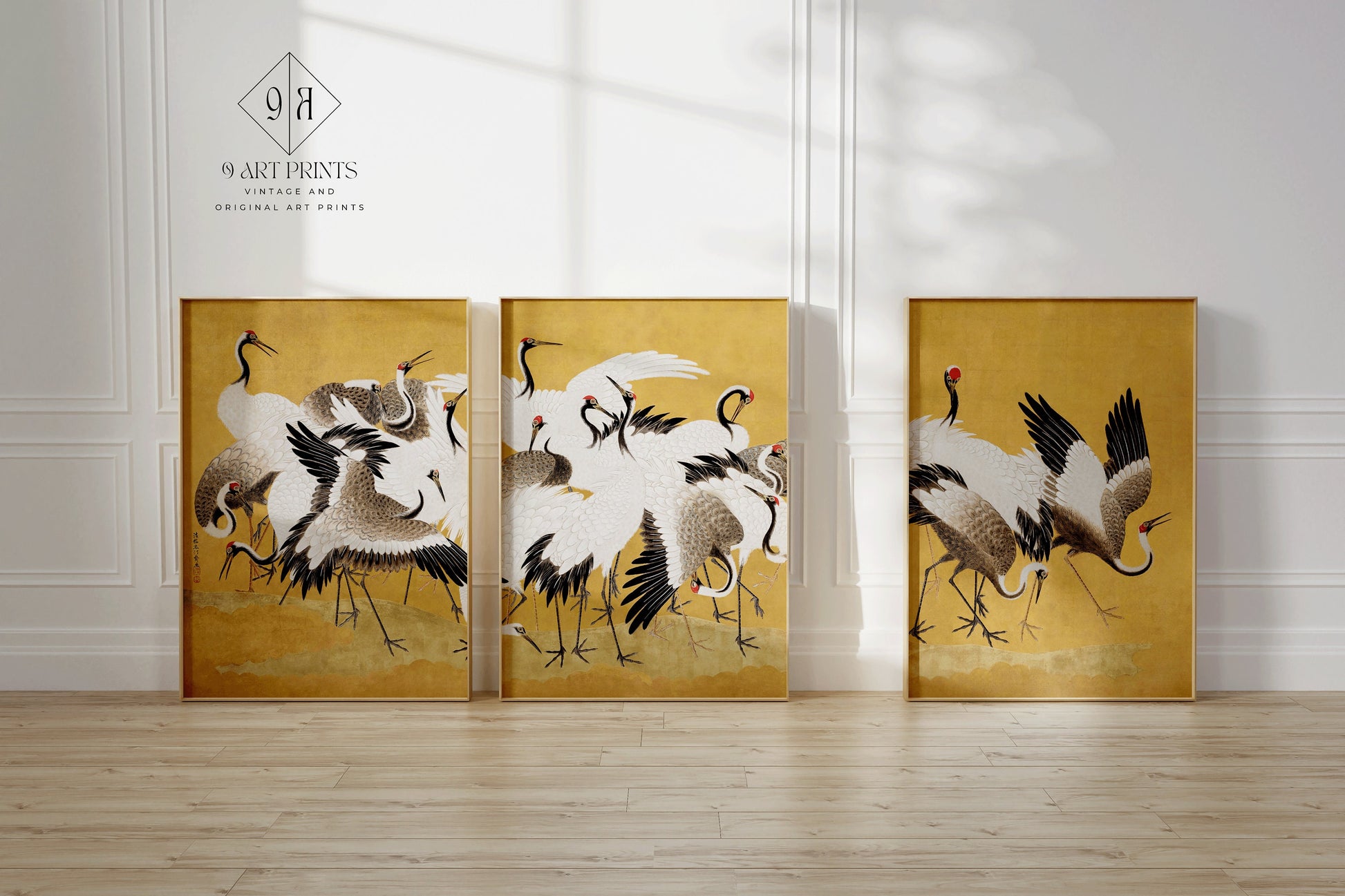 Framed Set of 3 Cranes Ishida Yūtei Woodblock Art Japanese Gallery Set Ukiyo-e Yellow Home Ready to Hang Herons Office Decor Museum Print