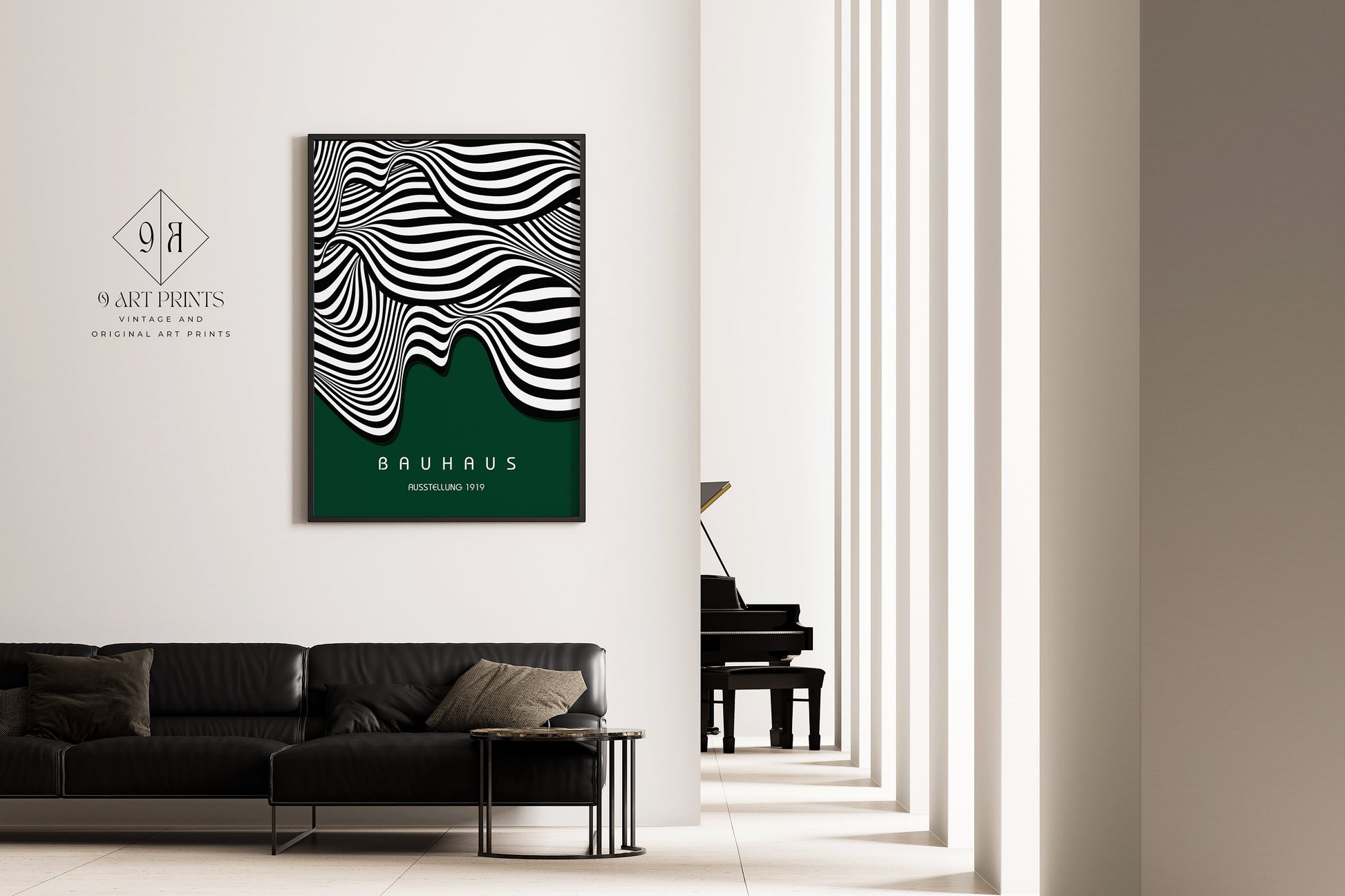 Framed Forest Green Bauhaus Poster Wavy Lines Mid-Century Modern Art Print Vintage Minimalist Abstract Wall Art Abstract Gift Idea