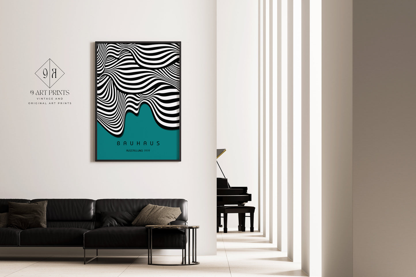 Framed Teal Bauhaus Poster Wavy Lines Mid-Century Modern Art Print Vintage Minimalist Abstract Shapes Wall Art Abstract Gift Idea