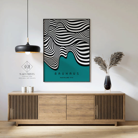 Framed Teal Bauhaus Poster Wavy Lines Mid-Century Modern Art Print Vintage Minimalist Abstract Shapes Wall Art Abstract Gift Idea