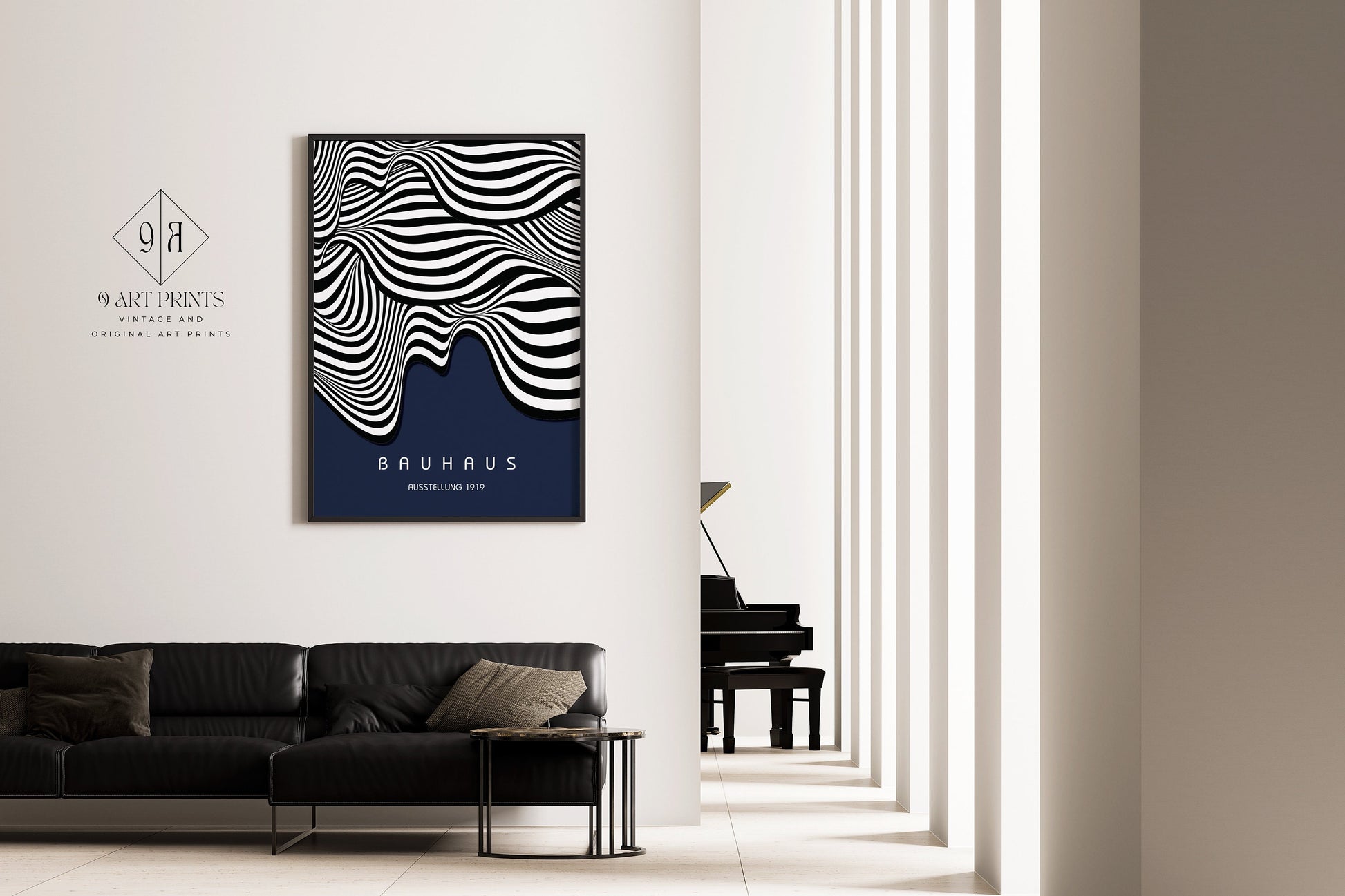 Framed Navy Blue Bauhaus Poster Wavy Lines Mid-Century Modern Art Print Vintage Minimalist Abstract Shapes Wall Art Abstract Gift Idea