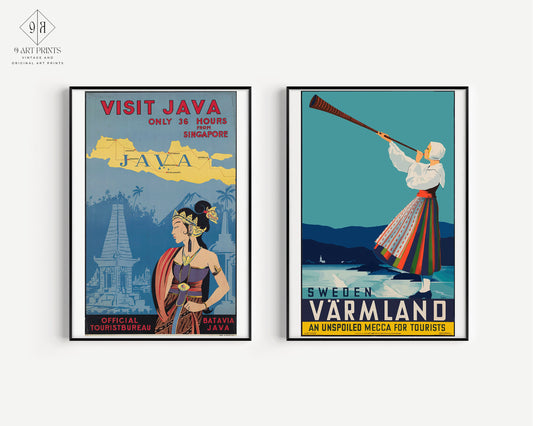 Set of 2 Vintage Travel Posters Java and Sweden Museum Exhibition Poster Flower Market Floral Set Ready to hang Framed Home Office Decor