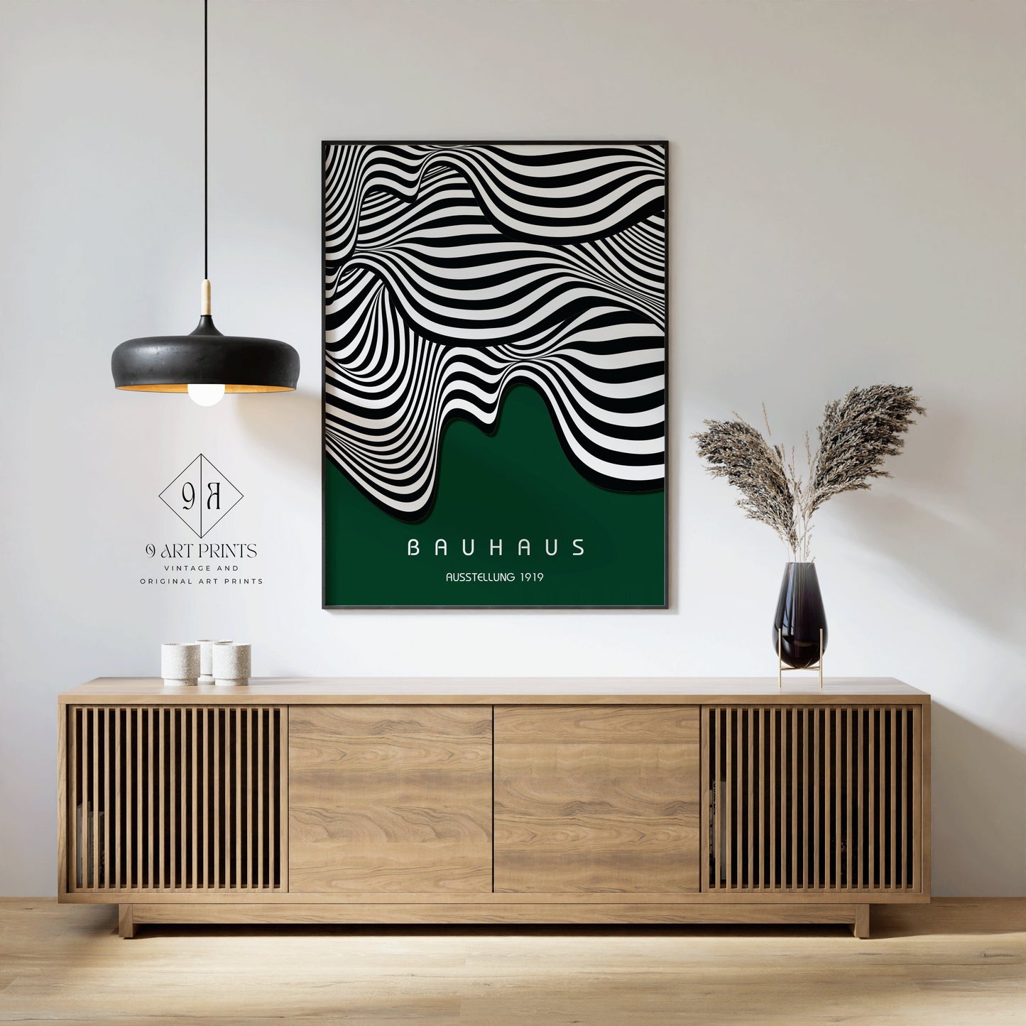 Framed Forest Green Bauhaus Poster Wavy Lines Mid-Century Modern Art Print Vintage Minimalist Abstract Wall Art Abstract Gift Idea