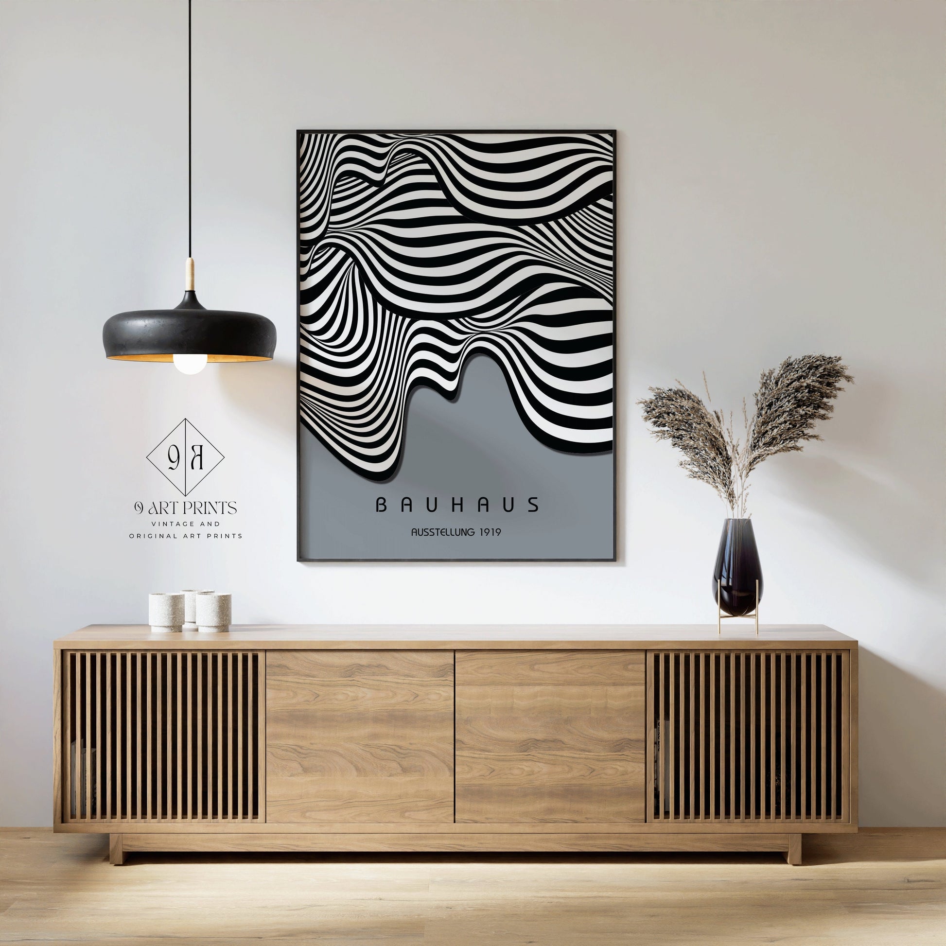 Framed Silver Grey Bauhaus Poster Wavy Lines Mid-Century Modern Art Print Vintage Minimalist Abstract Wall Art Abstract Gift Idea