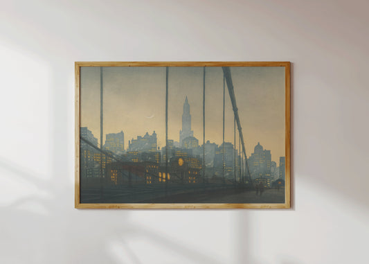 Framed Vintage New York City Skyline Painting František Tavík Šimon Night Theme Gift for Him Her Ready to Hang Idea Famous Art sketch