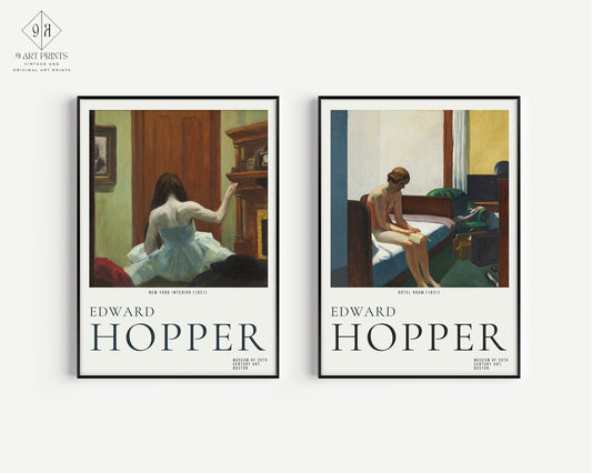 Set of 2 Edward Hopper Prints New York Interior Hotel Room Museum Exhibition Poster American Realist Framed Ready to Hang Home Office Decor