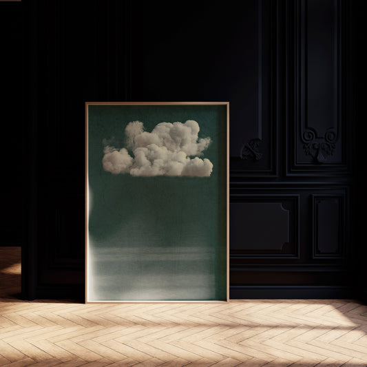 Framed Moody Vintage Clouds Emerald Green Dark Wall Art Academia Study Classic Modern Gallery Landscape Ready to Hang Home Office Decor