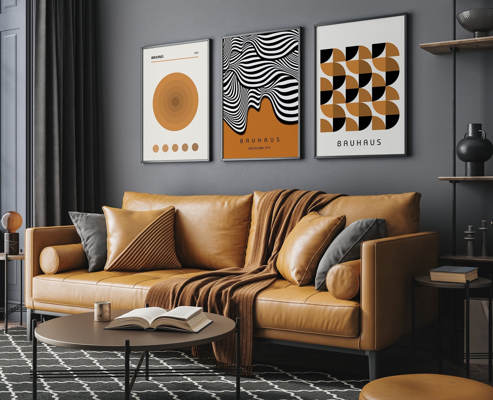 Set of 3 Brown Bauhaus Poster Mid-Century Modern Art Print